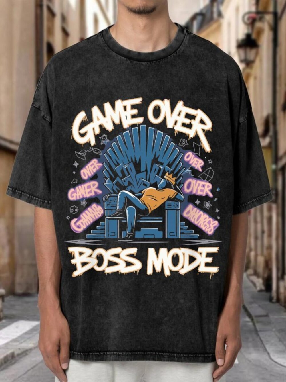 Vintage Wash Oversized Game Theme Art Graphic Tee NJX8EZDR9C01